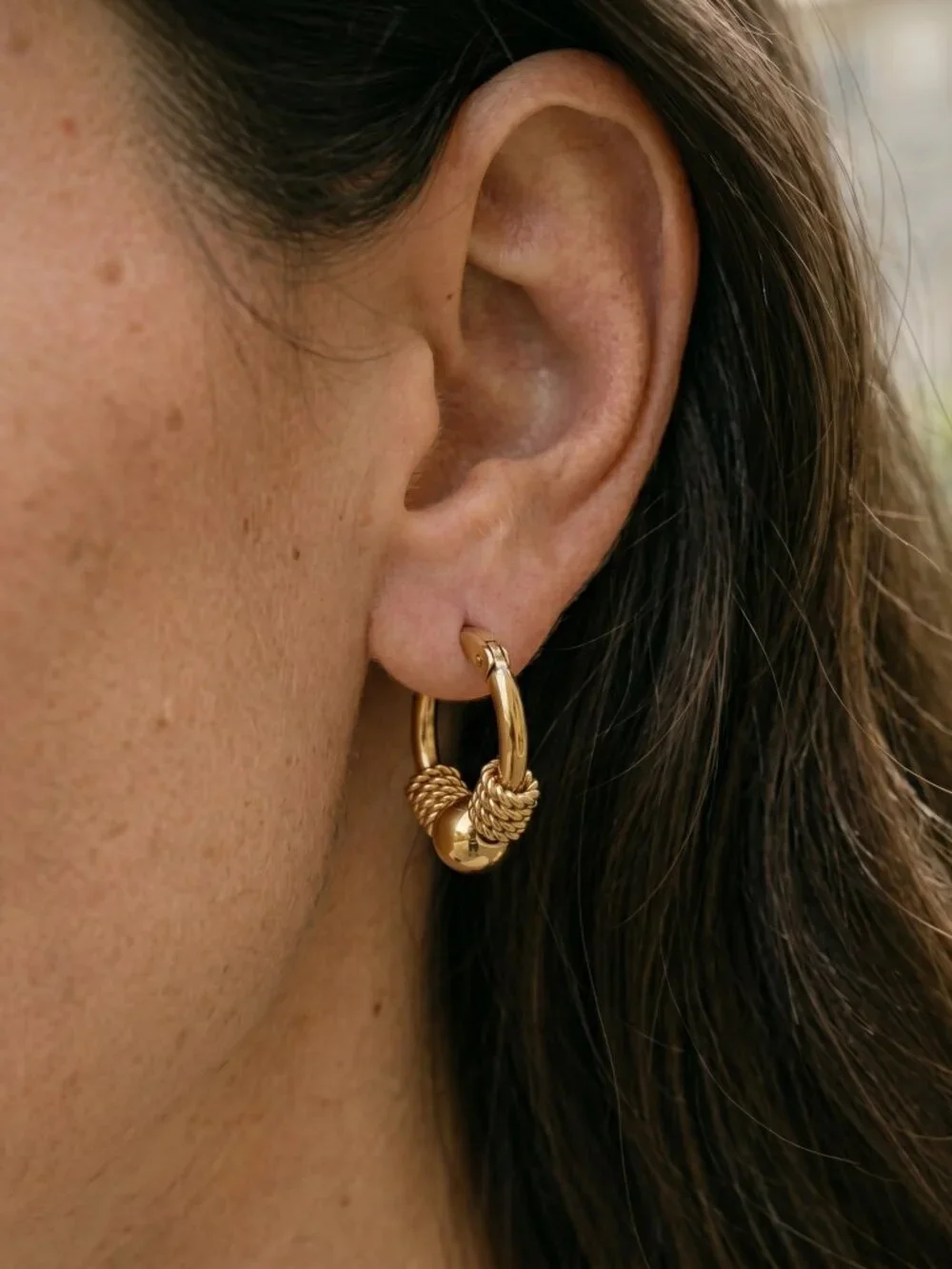 18K Gold Plated Rope Knot Ball Bead Hoop Earrings SS Boho Chic Minimalist 0.9